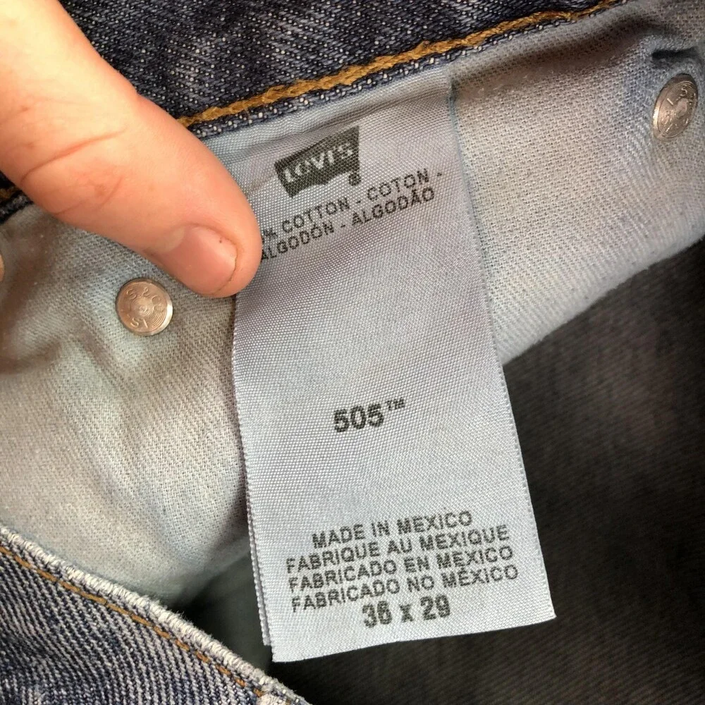 Levis 505 Jeans Mens 36x29 Blue Medium Wash Regular Straight Distressed Denim